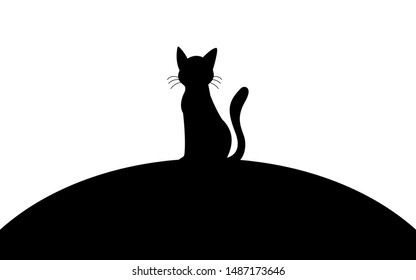 Black cat sitting on a hill, silhouette art image, vector illustration isolated on white background