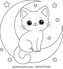 Black Cat Sitting on The Moon Colouring, Halloween Outline Coloring Page