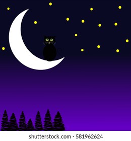 Black cat sitting on the moon on blue- purple background. Vector illustration.