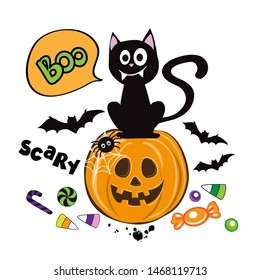 Black cat sitting on a pumpkin, candy and the inscription boo on a white background. Halloween Concert