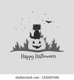 A black cat sitting on pumpkin, autumn halloween background vector
