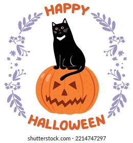 Schwarze Katze, die auf Kürbis sitzt. Blumendekor und Inschrift - Fröhliches Halloween. Handgezeichnete Vektorgrafik. Geeignet für Website, Aufkleber, Postkarten.