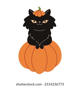 Gato negro sentado en la Ilustración vectorial plana del color de la calabaza. Animal demoníaco en el icono del personaje de la celebración de Halloween sobre fondo blanco