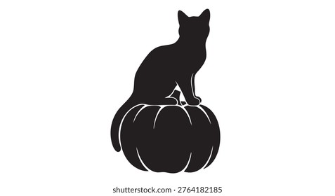 Black cat sitting on pumpkin, Halloween silhouette, monochrome, festive