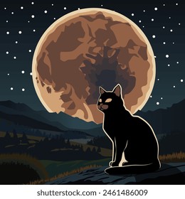 A black cat is sitting on a rock and looking at a big orange moon. The illustration is made in dark colors. The painting conveys beauty, peace, quiet, and pleasure.