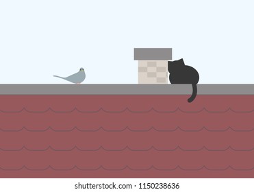 Black cat sitting on the roof and lurking on a pigeon, with blue sky background, with space for text - vector