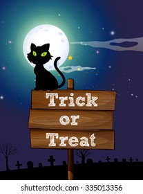 Black cat sitting on the sign at night illustration