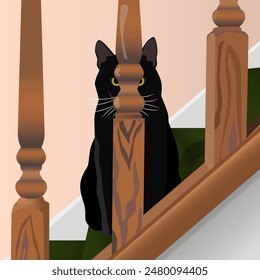 A black cat is sitting on the stairs and hiding behind the railing. The illustration is made mainly in warm colours. The picture conveys silence, calmness, mystery, routine and measuredness.