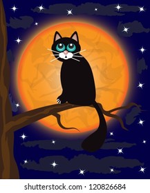 black cat sitting on a tree branch against a full moon