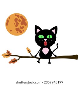 A black cat sitting on a tree branch under the full moon and singing a song. Night gatherings. halloween