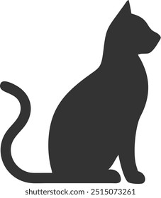 A black cat is sitting on a white background. The cat is looking to the right