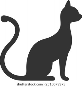 A black cat is sitting on a white background. The cat is looking to the right