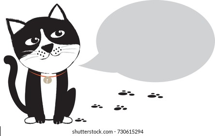A black cat sitting on a white background. And space for text input.