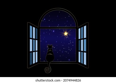 Black Cat Sitting On The Window At Night Look At The Night Sky And The Shining Stars, Sirius Star, Vector Illustration