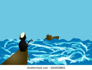 A black cat sitting at the pier and looking at the ship in the stormy sea