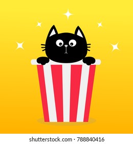 Black cat sitting in Popcorn box. Movie Cinema icon in flat design style. Pop corn. Cute cartoon character. Yellow gradient background. Shining stars. Vector illustration