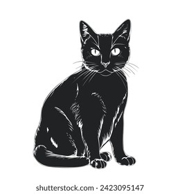 Black cat in sitting pose in hand drawn style. Vector illustration