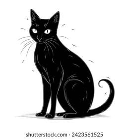 Black cat in sitting pose in hand drawn style. Vector illustration