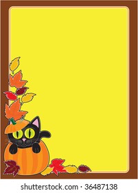 A black cat sitting in a pumpkin in the corner of a Halloween frame/border