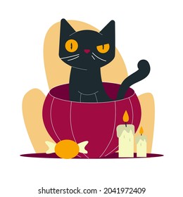 black cat sitting in a pumpkin for halloween candle. flat design