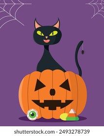 Gato negro sentado en una calabaza. Concepto de Halloween. Ilustración vectorial.