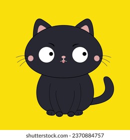 Black cat sitting. Sad face head silhouette icon. Funny kawaii doodle animal. Cute cartoon funny baby pet character. Pink ears, cheeks. Black sticker print. Flat design. Yellow background. Vector