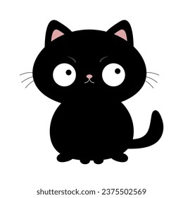 Black cat sitting. Sad face head silhouette icon. Funny kawaii doodle animal. Cute cartoon funny baby pet character. Round eyes, pink ears. Black sticker print. Flat design. White background. Vector