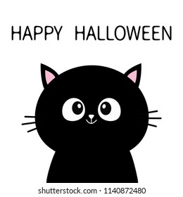 Black cat sitting silhouette. Happy Halloween. Cute cartoon character. Pet baby collection Greeting card. Flat design. White background. Isolated. Vector illustration