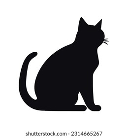 Black Cat sitting Silhouette isolated on White Background. Icon Vector Illustration. Concept for Logo, Print, Sticker. Cat vector icon. Cat silhouette symbol