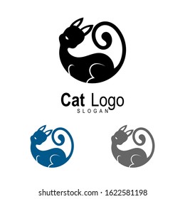 Black cat sitting smiling logo design vector template, Home pet veterinary clinic store logotype concept icon. 