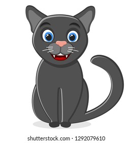 Black cat sitting and smiling on a white.