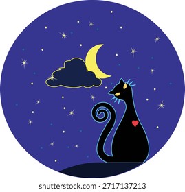 Gato negro sentado bajo la luna creciente en una ilustración de cielo nocturno estrellado. Obra de arte de Vector minimalista y de ensueño con atmósfera tranquila, adecuada para fondos, carteles, proyectos infantiles y diseños decorativos.