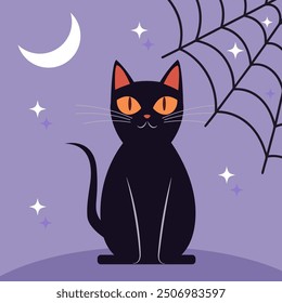 Un gato negro sentado bajo la luna. Vacaciones de Halloween. Ilustración vectorial. Se puede utilizar en Diseño web, impresión, textiles