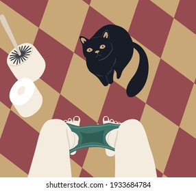 Black cat is sitting and waiting for the owner in the toilet. Portrait of domestic animal.  Cartoon character. Vector illustration 