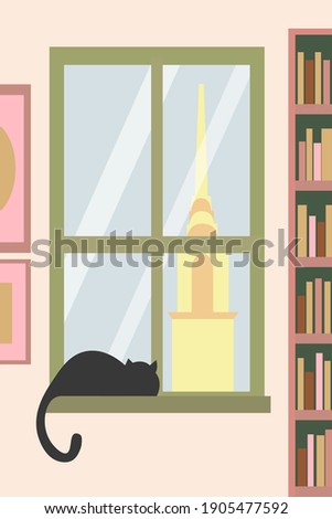 A black cat is sitting at the window. An apartment with living room. Poster. Empire State building landscape in New York. Cartoon style.