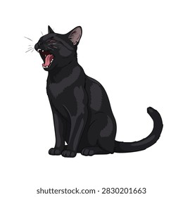 Black Cat Sitting and Yawning with Open Mouth Showing Teeth Isolated Illustration on White Background