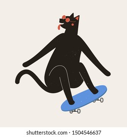 Black cat skateboarder in red sunglasses ride a blue longboard. Funny vector illustration with domestic animal, colored apparel print design with grunge dots