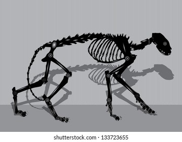 black cat skeleton illustration- robotic hybrid with shadow