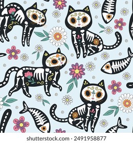 Black cat skeleton sugar scull vector seamless pattern. Mexican Day of the dead background