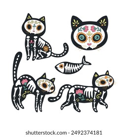 Black cat skeleton sugar scull vector clip-art set isolated on white. Mexican Halloween illustration.