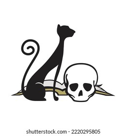 black cat, skull and book