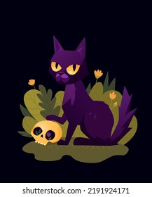 Black Cat With Skull and Flowers Vector, Evil Cat, Halloween Cat Illustration. Cat Art.