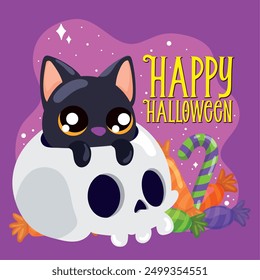 Black cat and skull Happy Halloween poster Vector illustration