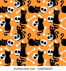 Black cat and skull seamless pattern. Halloween cat concept.