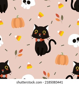 Black Cat and Skull Seamless Pattern