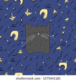 Black cat sleeping on a background of the night sky. The moon, the stars. Seamless pattern.