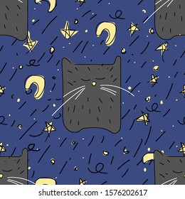 Black cat sleeping on a background of the night sky. The moon, the stars. Seamless pattern.