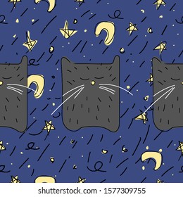 Black cat sleeping on a background of the night sky. The moon, the stars. Seamless pattern.