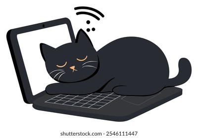 Black Cat Sleeping on a Laptop, Whimsical Representation of Comfort and Technology in a Minimalist Style - Flat Vector Illustration