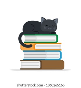 Black cat sleeping on a pile of books. Vector illustration, on white background